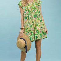Green tropical floral swing dress with flutter sleeves and round neckline, full body