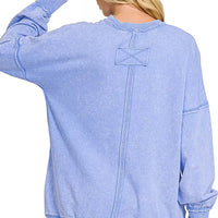 Women’s acid-wash French terry sweatshirt back in cornflower blue, raw-edge hem and seam details