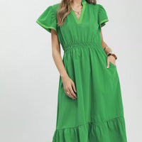 Kelly green midi dress with V-neck, flutter sleeves, smocked waist, tiered ruffle hem