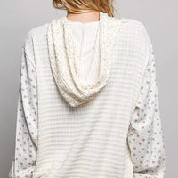 Back view cream knit hoodie with hood and drawstring, long sleeves
