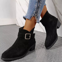 Black suede point-toe block heel ankle boots with square buckle strap detail