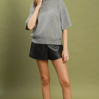 Grey mock-neck short-sleeve knit sweater top