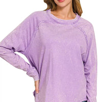Lavender washed round-neck long-sleeve top with relaxed fit