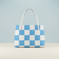 Checkered Tote Bag | Blue and White Waterproof PU Leather Shoulder Bag