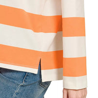 Orange and white striped polo top with side slit at hem and long sleeve cuff