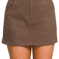 Brown cotton twill mini skirt with lined interior, button front, side pockets