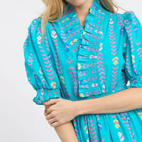 Mint blue mix ruffled smocked midi dress close-up with puff sleeves and pattern