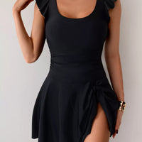 Black ruffled-sleeve one-piece swim dress with scoop neckline, ruched waist, side slit.