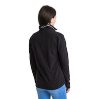 Angled back view of black women's fleece jumper with a raised collar