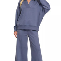 Blue indigo collared pullover and wide-leg center-seam pants set