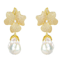 Baroque Pearl White Flower Earrings Yellow Gold-0