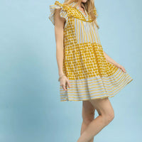 Women's marigold mix patchwork tiered dress with flutter sleeves and striped lower tier