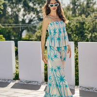Womenβs blue palm-print smocked cami top with adjustable straps and tiered hem
