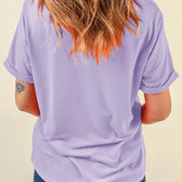 Lavender purple crew-neck T-shirt, back view with short sleeves