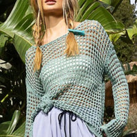 Dusky teal openwork knit cover-up, long sleeves, drawstring waist, side slit