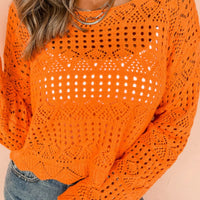Orange crochet boat-neck knit cover-up with long sleeves and openwork eyelet pattern