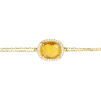 Gold chain citrine oval gemstone bracelet with round crystal halo centerpiece