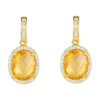 Gold oval gemstone drop earrings with citrine center and crystal halo