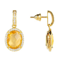 Gold oval citrine drop earrings with crystal halo and hinge back