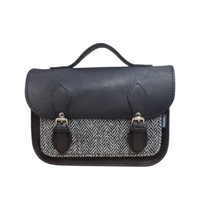 Black leather and herringbone tweed midi satchel with front flap and twin buckles
