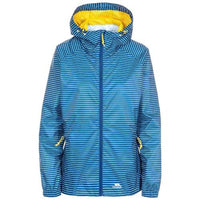 Women's blue striped hooded raincoat with yellow lining and zip pockets