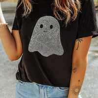 Black rhinestone ghost graphic round-neck T-shirt with short sleeves