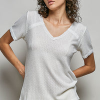 Off-white textured V-neck short-sleeve lace-detail t-shirt, front view