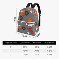Grey monster truck backpack shown with length and height size diagram; orange flame and WOW print