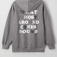 Dark gray oversize pullover hoodie with back ghost text print, hood with drawstrings