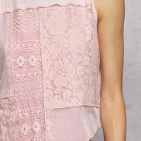 Pink ribbed cropped tank with lace front panel detail
