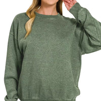 Women's army green fleece crewneck sweatshirt, long sleeves, ribbed cuffs and hem