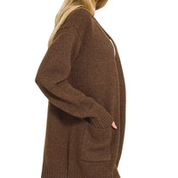Chocolate-brown open-front knit cardigan with side profile and patch pockets