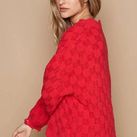 Red checkered distressed edge sweater, scalloped hem detail