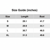 Size guide table showing sweater dress length and bust measurements by size