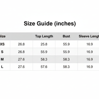 Size guide table (inches) with sizes XS to L and body measurements