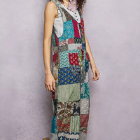 Sleeveless patchwork wide-leg jumpsuit, multicolor blocks with buttoned front
