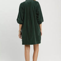 Hunter green corduroy shift dress with puff sleeves, back view