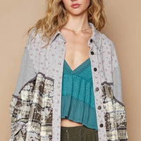 Women's front floral button-front shirt with balloon sleeves and plaid color-block chest