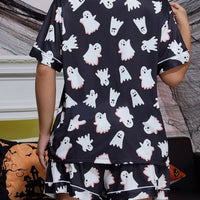 Black ghost print lounge top and shorts set, short sleeves, button front