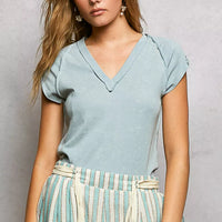 Light sky-blue V-neck short-sleeve washed t-shirt with relaxed fit