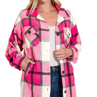 Hot pink plaid fleece shacket with snap buttons and front chest pockets