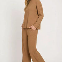 Viscose sweater top and wide-leg pants set in deep camel, long sleeves, crew neck