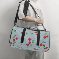 Red Cherry Print Duffle Bag Blue Canvas