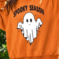 Orange mock neck sweatshirt with 'Spooky Season' ghost print, relaxed fit