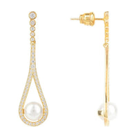 Gold pearl drop earrings with pavé teardrop setting and post back