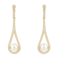 Gold teardrop earrings with pavé crystals and pearl drops