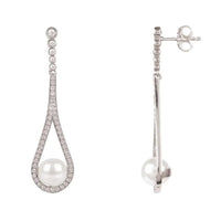 Silver pearl drop earrings with hook backs and teardrop rhinestone detail