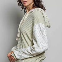 Sage mixed-knit contrast sleeve print hoodie, side view, with hood and kangaroo pocket