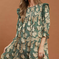 Sage floral smocked ruffle flowy dress with puff sleeves, knee-length