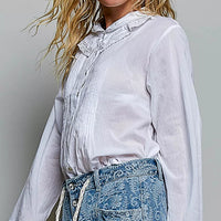 Ivory woven button-down shirt with lace cuff trim and pintuck front placket